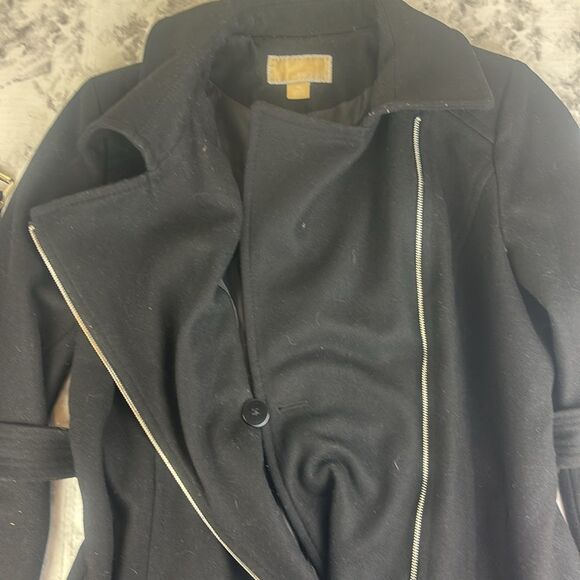 Michael Kors Black Wool Blend Cassandra Asymmetrical Zipper Pea Coat Size 12 - Picture 8 of 12